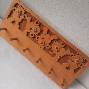 Wooden 15" Handmade Teddy Bear Wall Hanger 7 Hook Rack Signed Kids Room ****READ